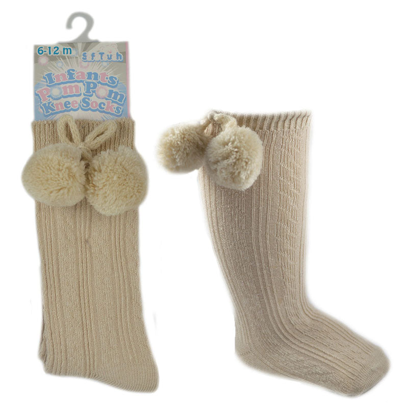 Knee High Baby Pom Pom Socks - Camel (NB-12M)
