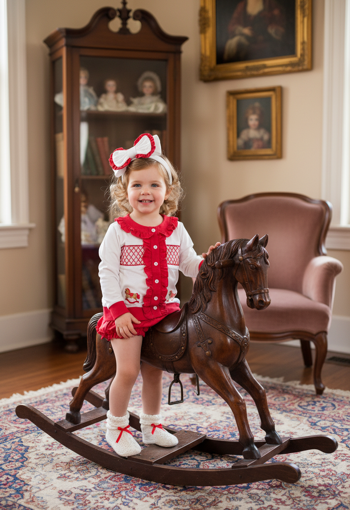 Ocean Baby Girls Red Rocking Horse Smocked Cardigan & Pants Outfit (NB-4Yrs)