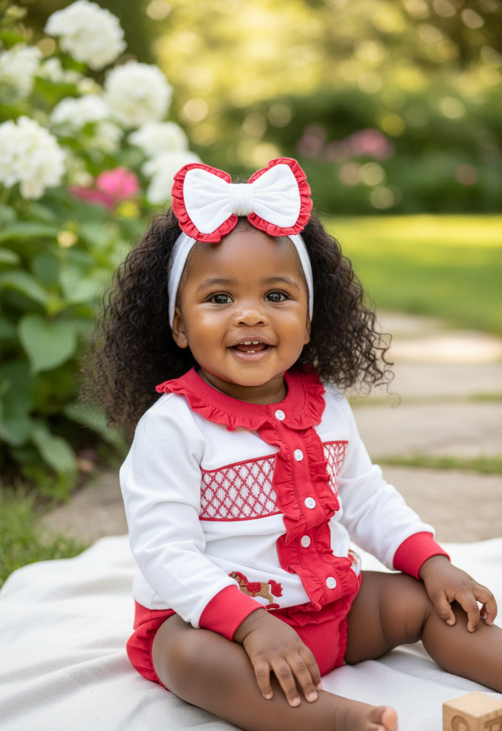 Ocean Baby Girls Red Rocking Horse Smocked Cardigan & Pants Outfit (NB-4Yrs)