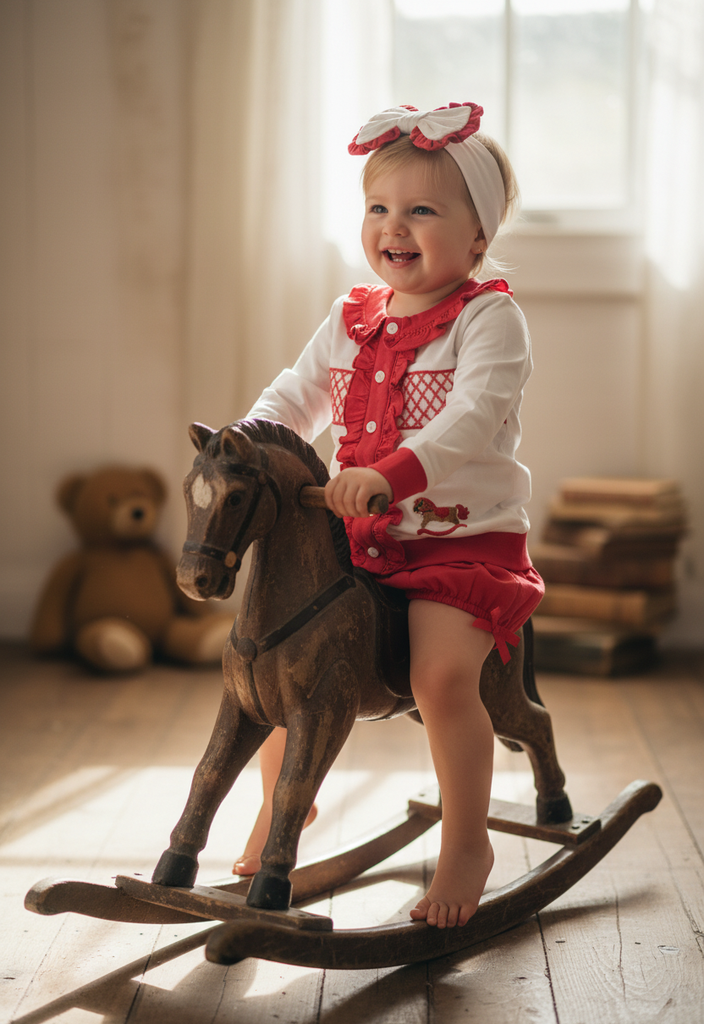 Ocean Baby Girls Red Rocking Horse Smocked Cardigan & Pants Outfit (NB-4Yrs)