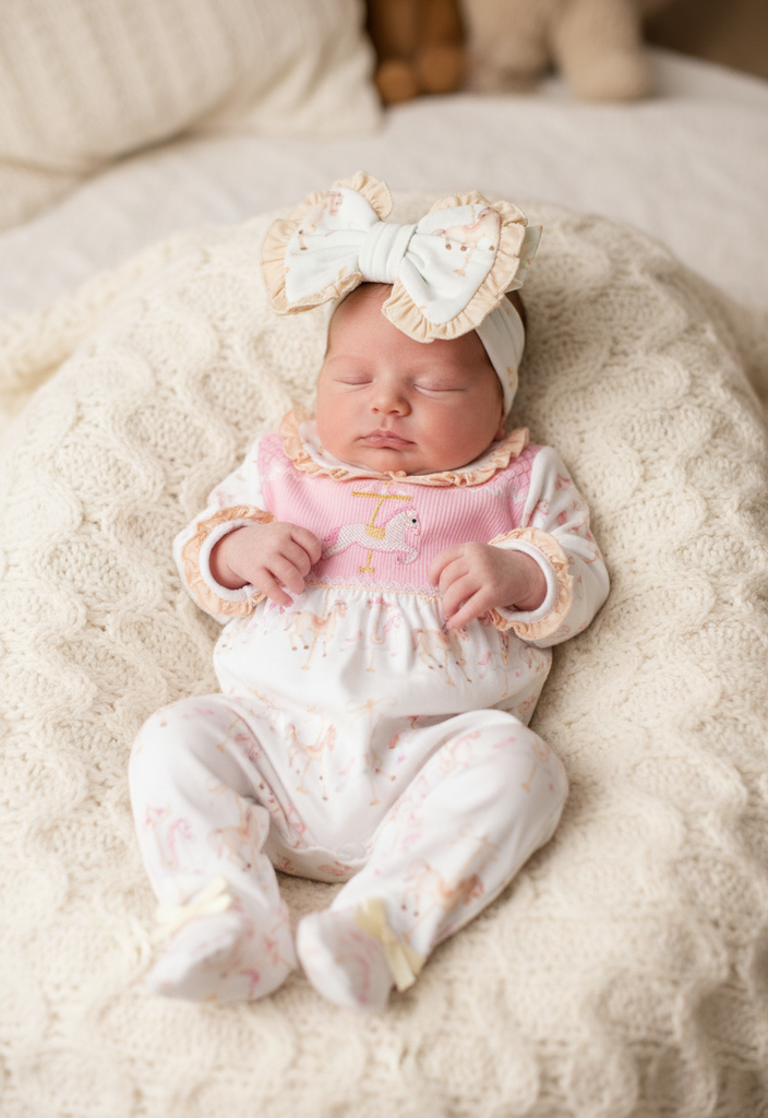 Ocean Baby Girls Smocked Carousel Themed Sleepsuit & Headband Set (NB-18M)