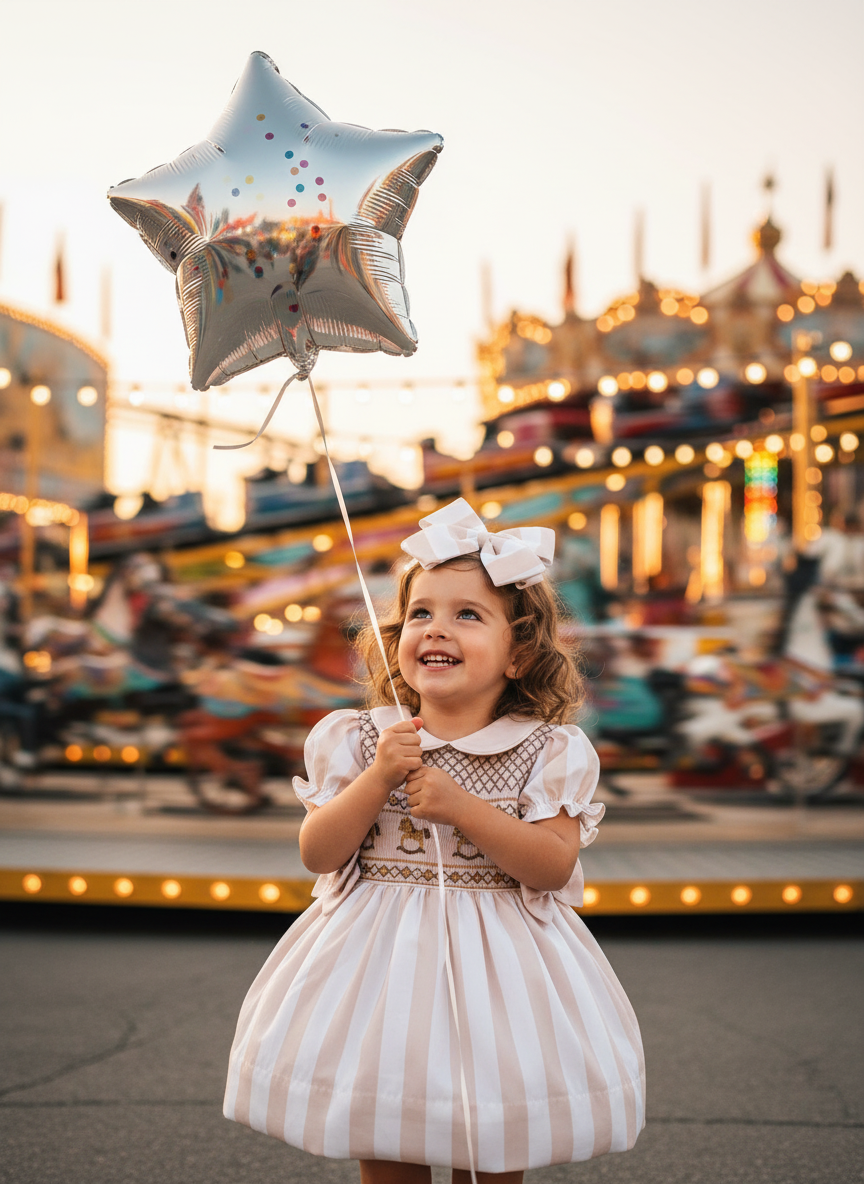 Ocean Baby Girls Smocked Coffee & Cream Rocking Horse Petticoat Layered Dress (NB-6Yrs)