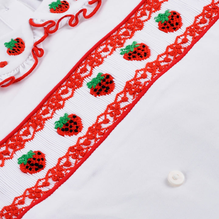 smocked strawberry sleepsuit