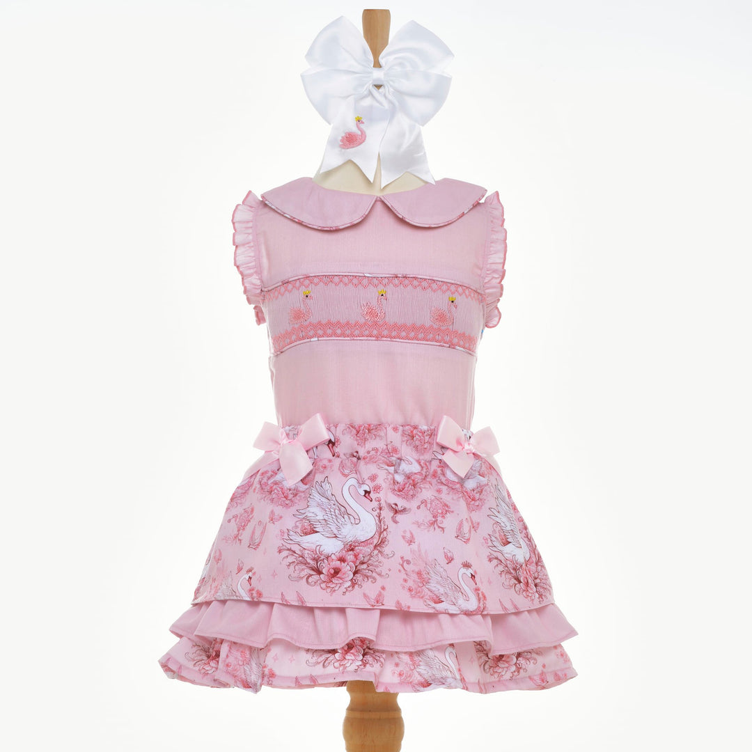 girls swan smocked summer skirt set