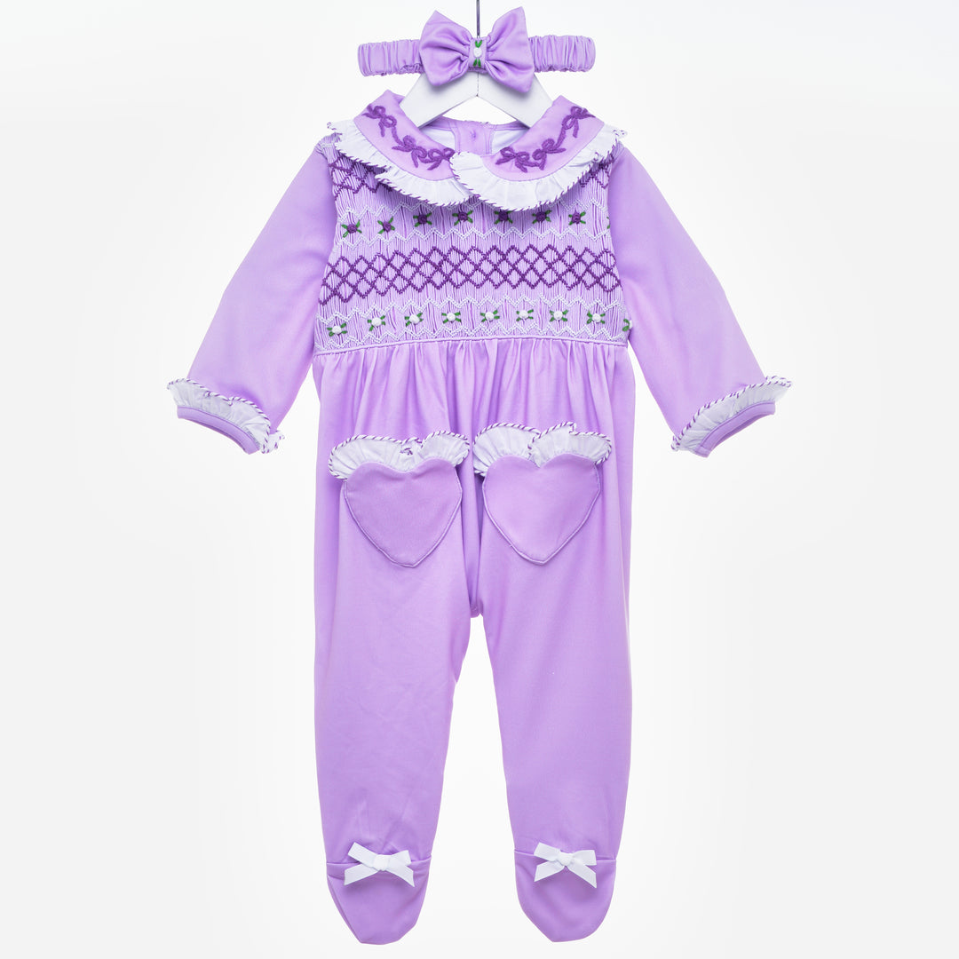 lilac baby smocked sleepsuit