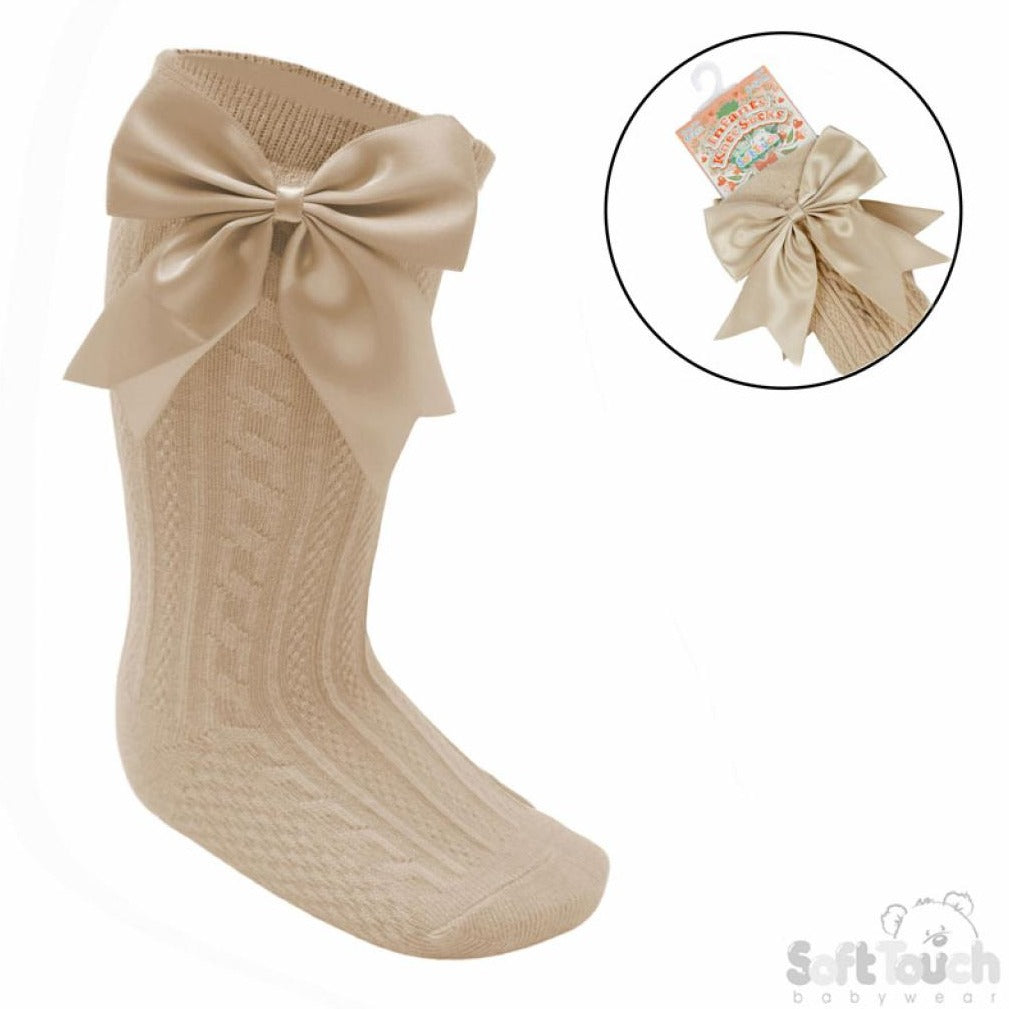 knee high baby bow socks camel