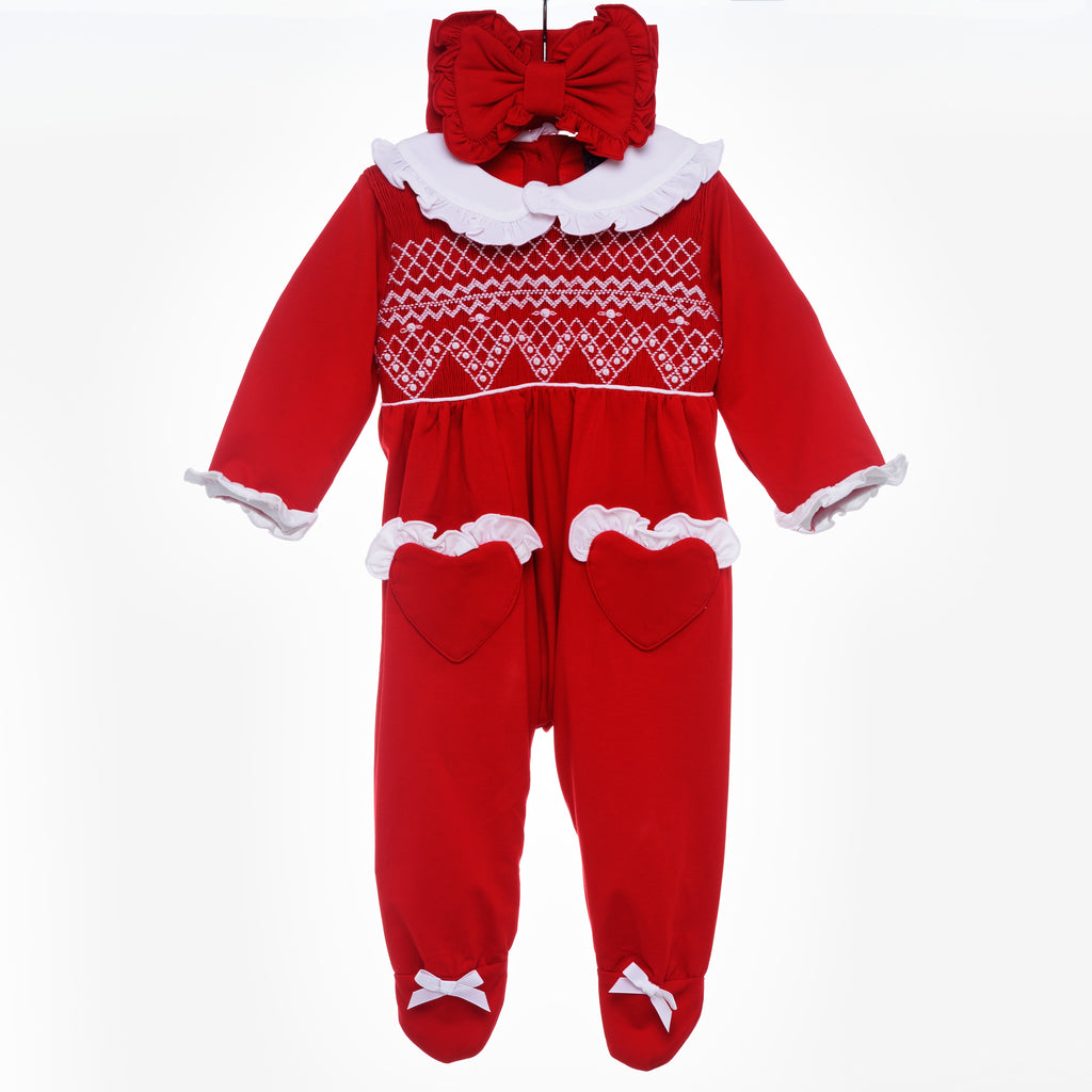 baby girls red smocked sleepsuit set 