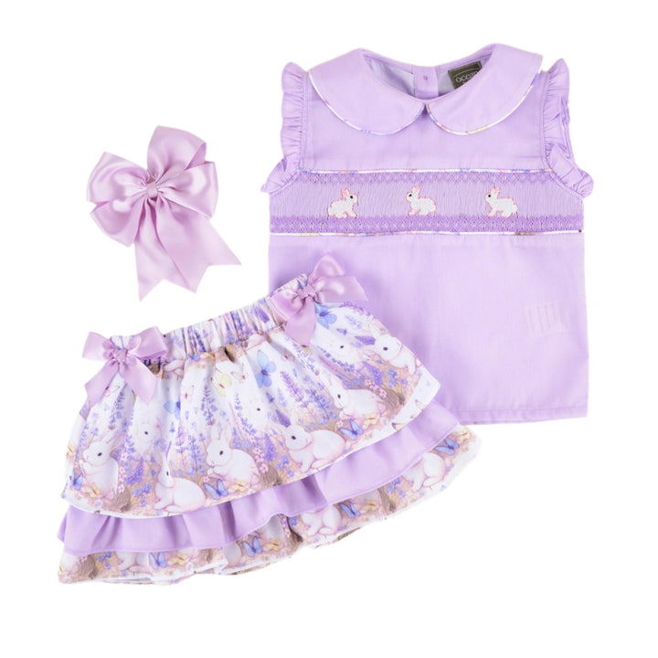 girls lilac smocked bunny skirt set