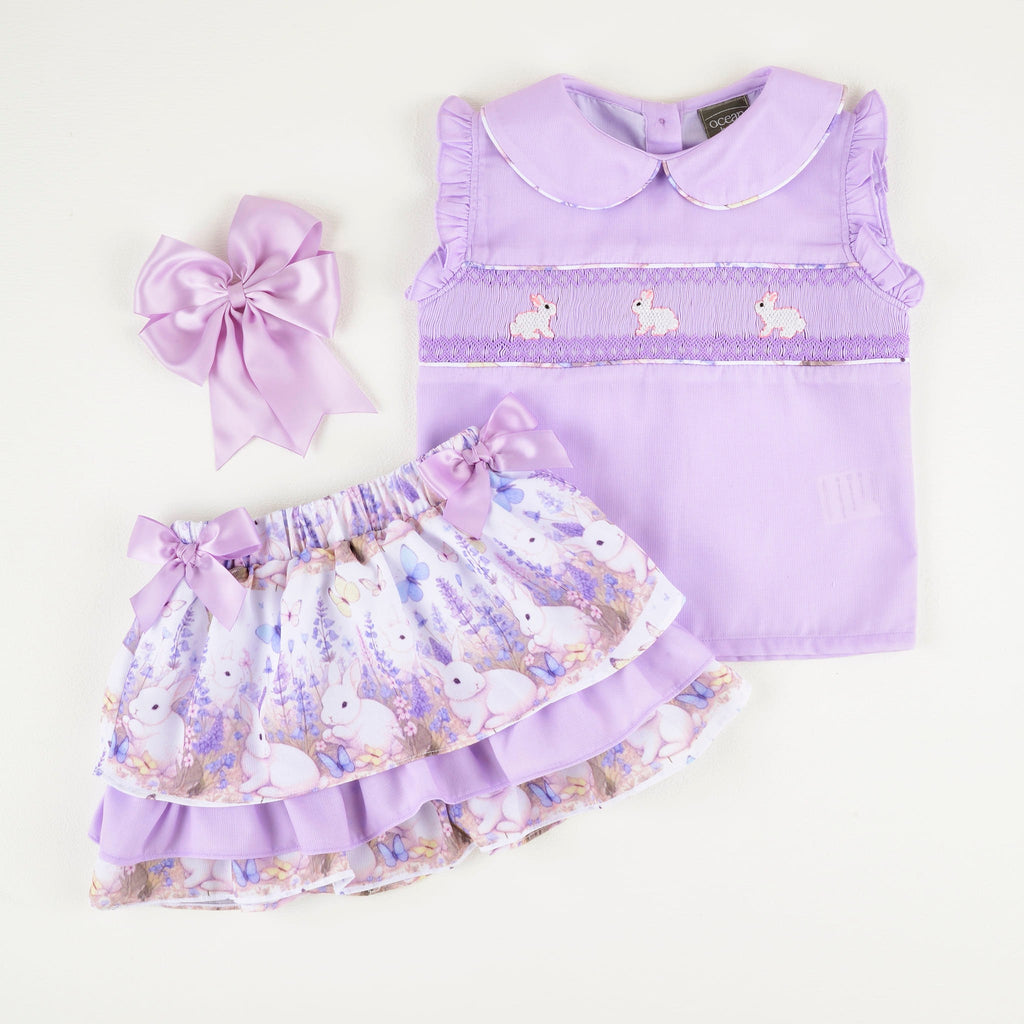 girls lilac smocked bunny skirt set