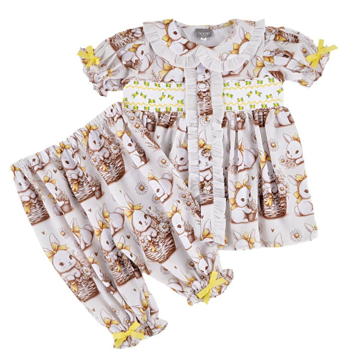 girls lemon bunny smocked pj set