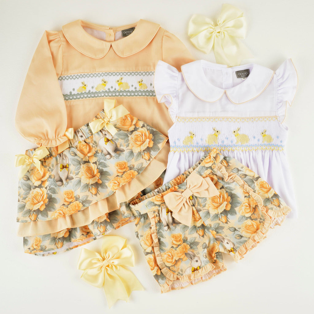 baby girls matching smocked bunny skirt and shorts set