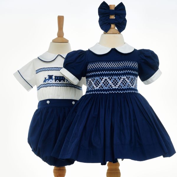 Ocean Baby Midnight Navy Train Themed Smocked Buster Suit (NB-3Yrs)