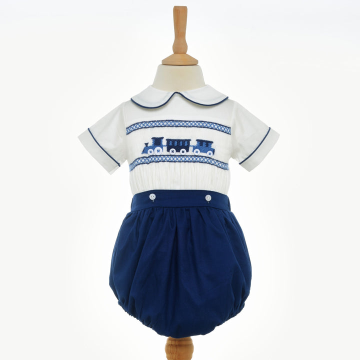 Ocean Baby Midnight Navy Train Themed Smocked Buster Suit (NB-3Yrs)