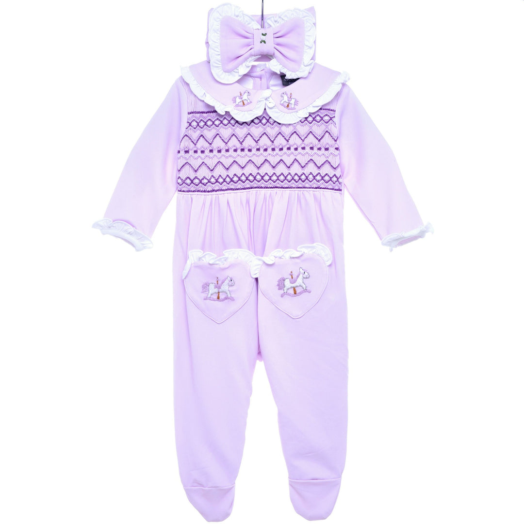 lilac smocked baby girls sleepsuit