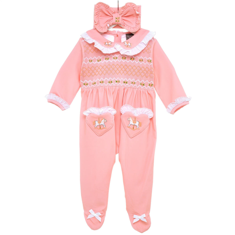 smocked peach sleepsuit baby girls sleepsuit