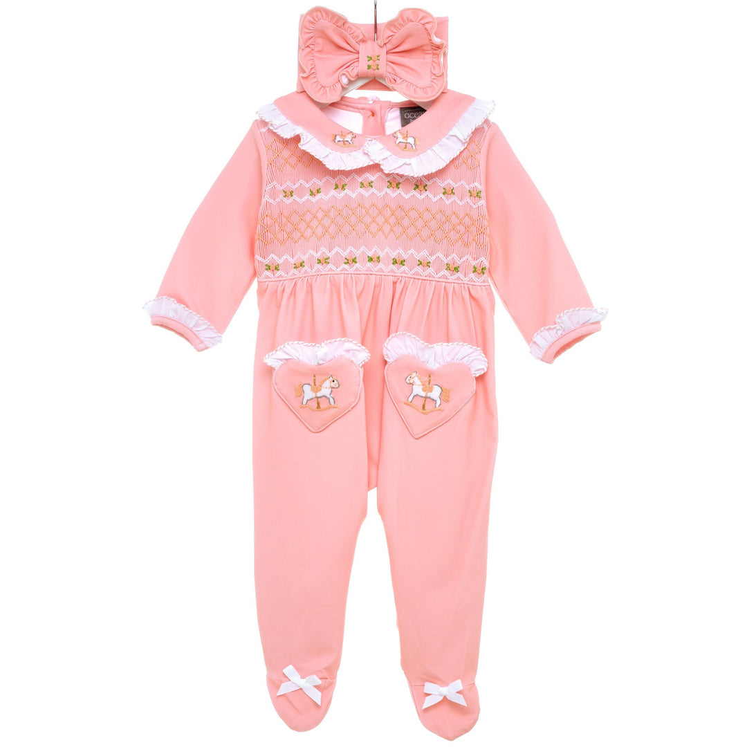 smocked peach sleepsuit baby girls sleepsuit