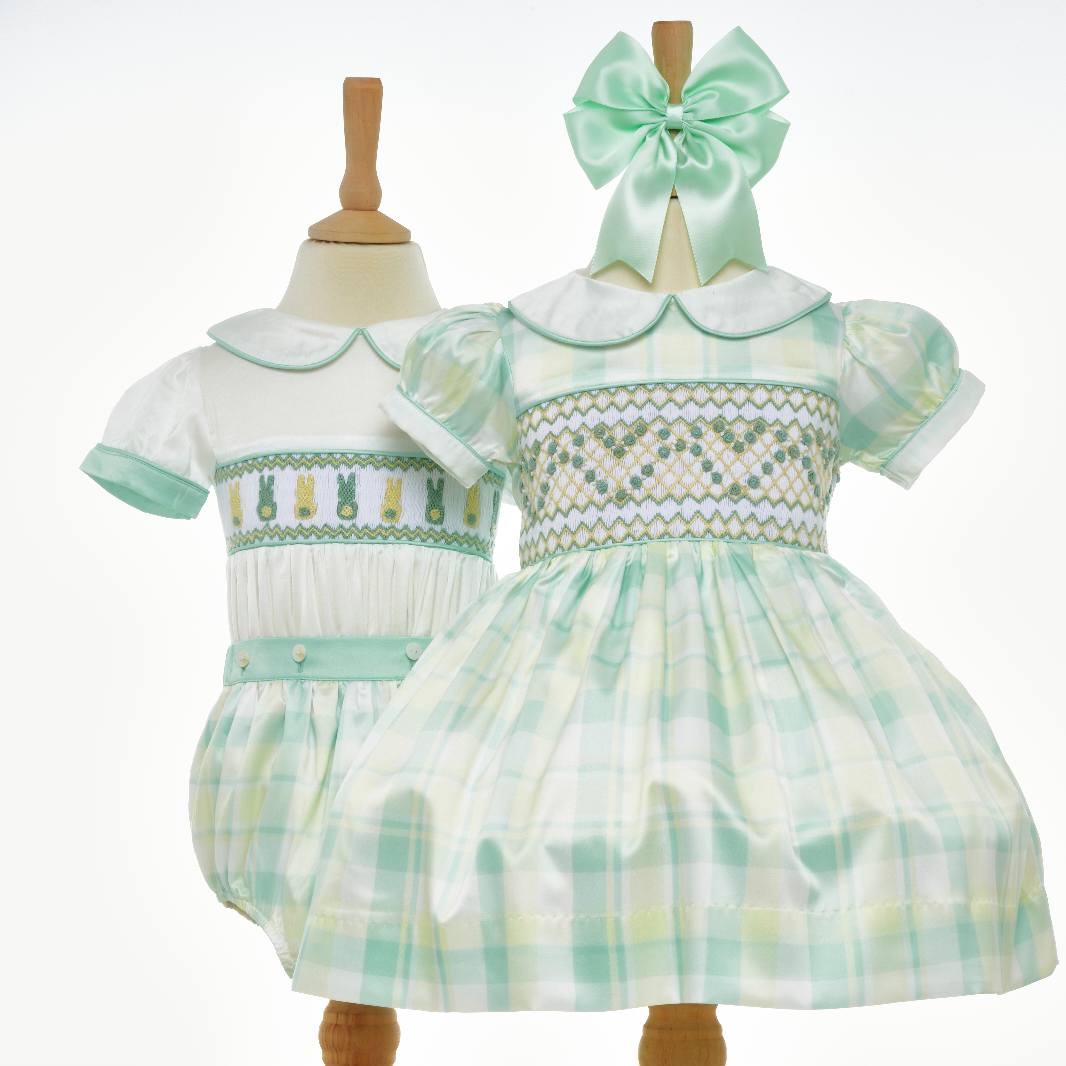 matching lemon and mint smocked outfits