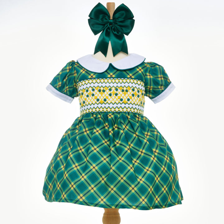 girls smocked green and lemon dress