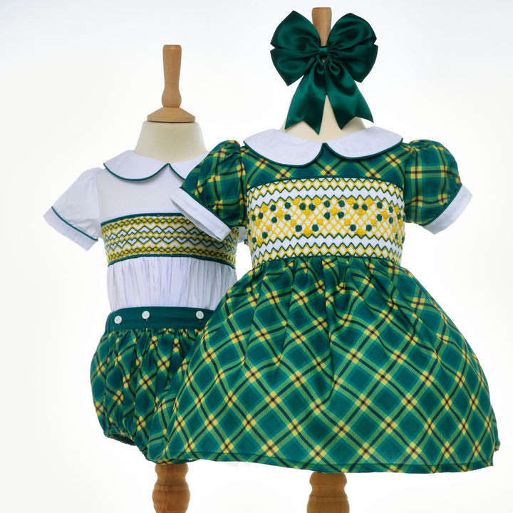 matching green and lemon smocked outfit boys girls