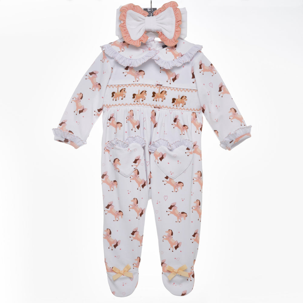 smocked carousel peach sleepsuit