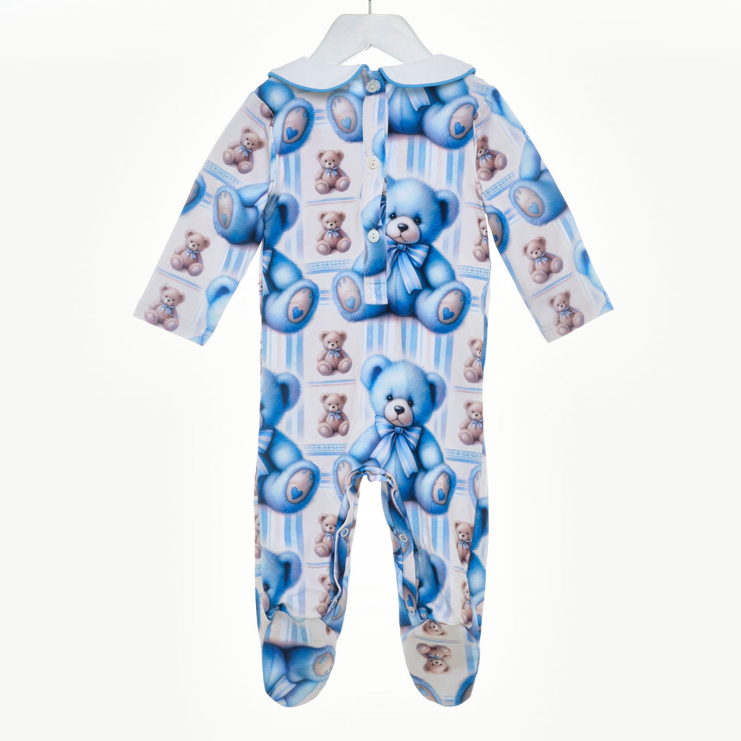 blue teddy smocked sleepsuit