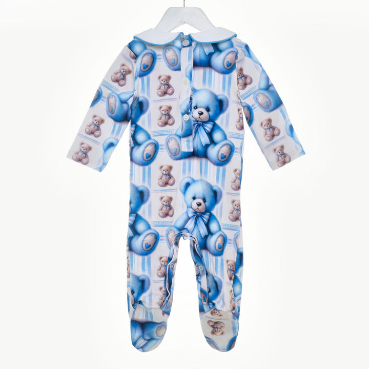 blue teddy smocked sleepsuit