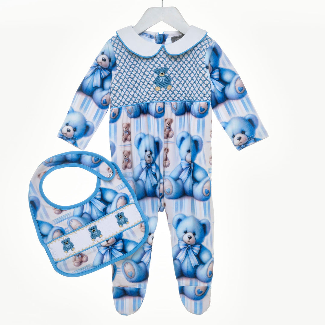 blue teddy boys smocked sleepsuit