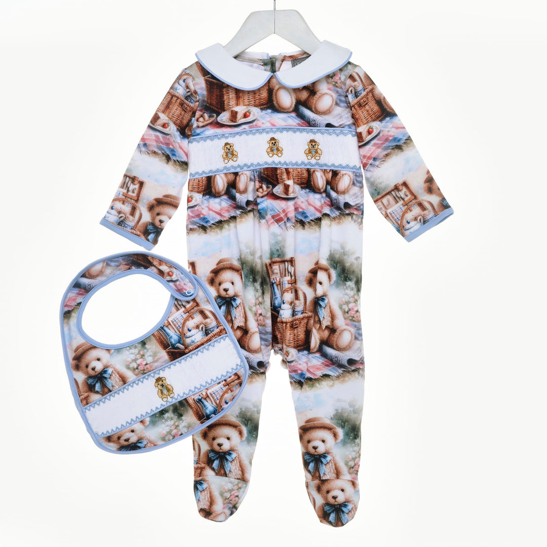 baby boy teddy picnic sleepsuit