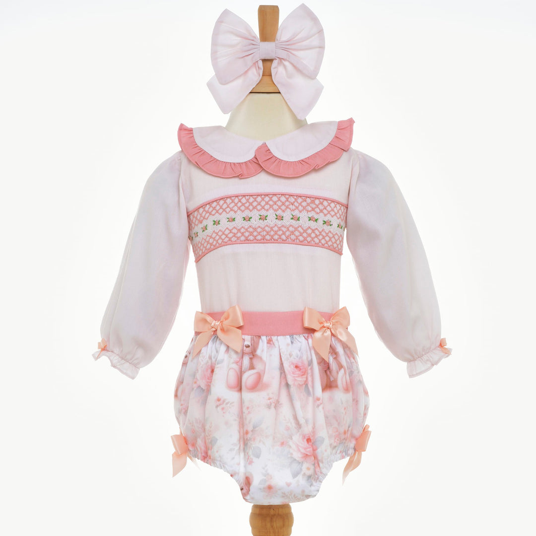 girls peach floral teddy smocked buster