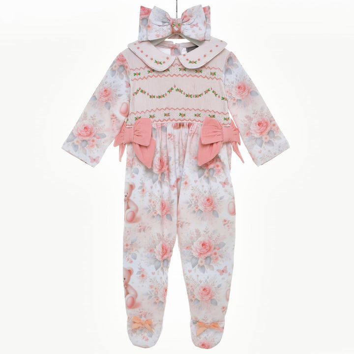 baby girls floral teddy smocked peach sleepsuit