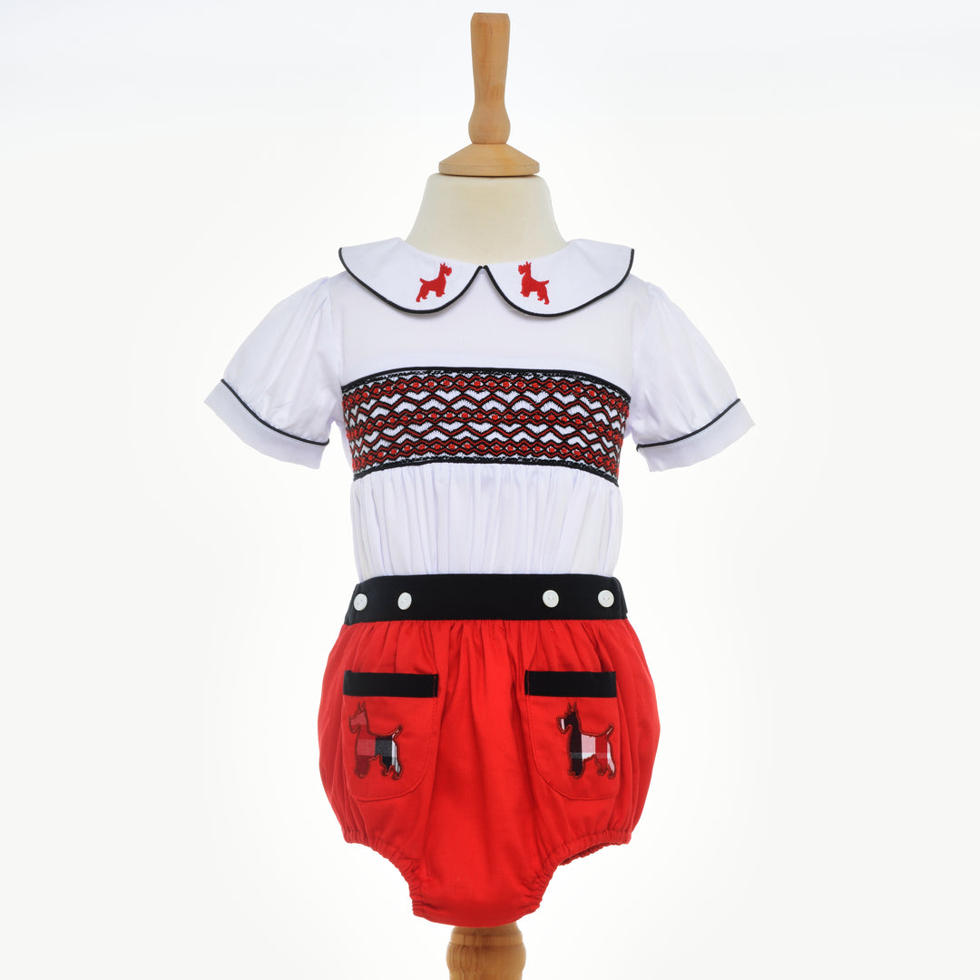 baby boys red smocked buster