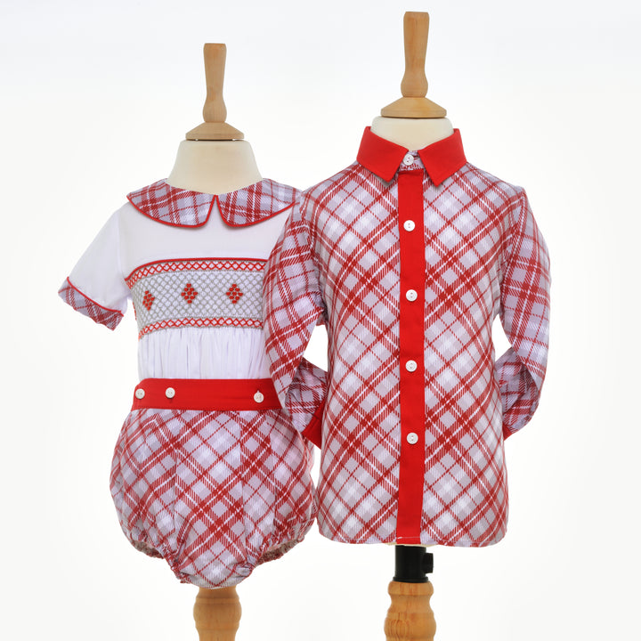 matching boys red grey plaid outfits