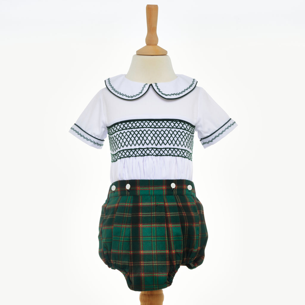 boys smocked green tartan buster suit