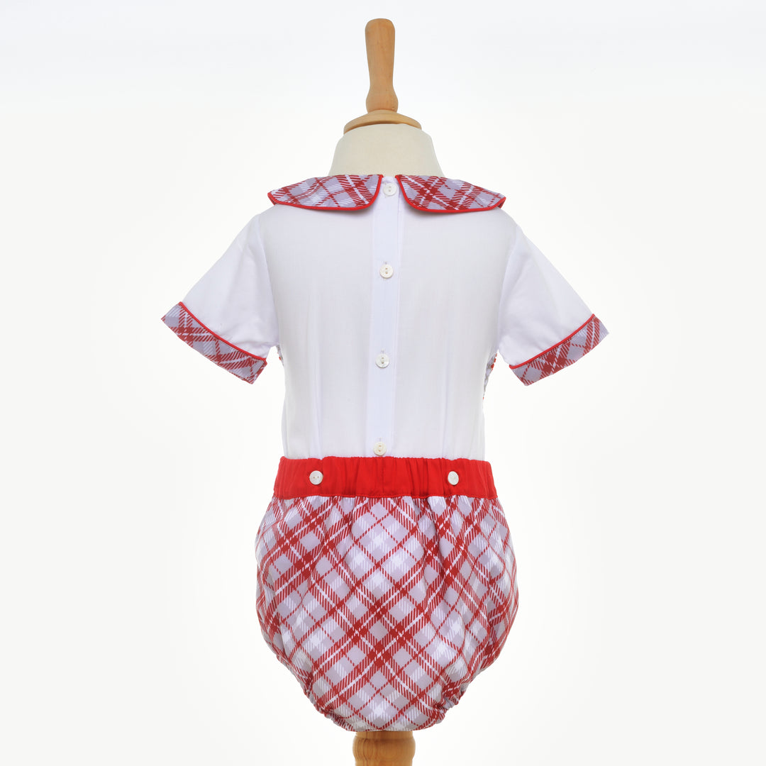 baby boys red grey smocked tartan buster