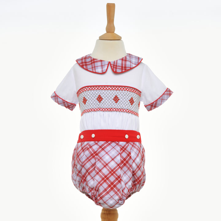 boys smocked red grey buster suit