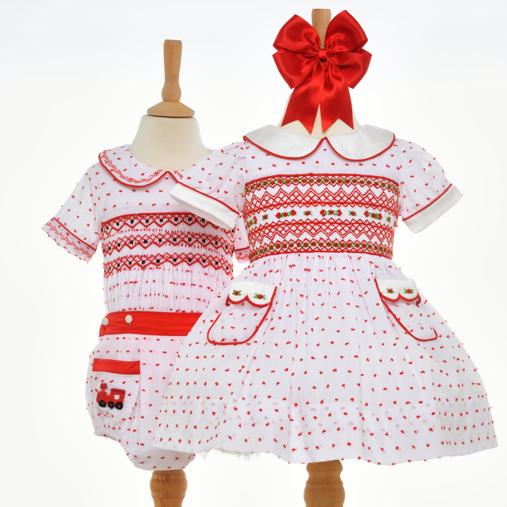 boys girls matching red swiss dot smocked outfits