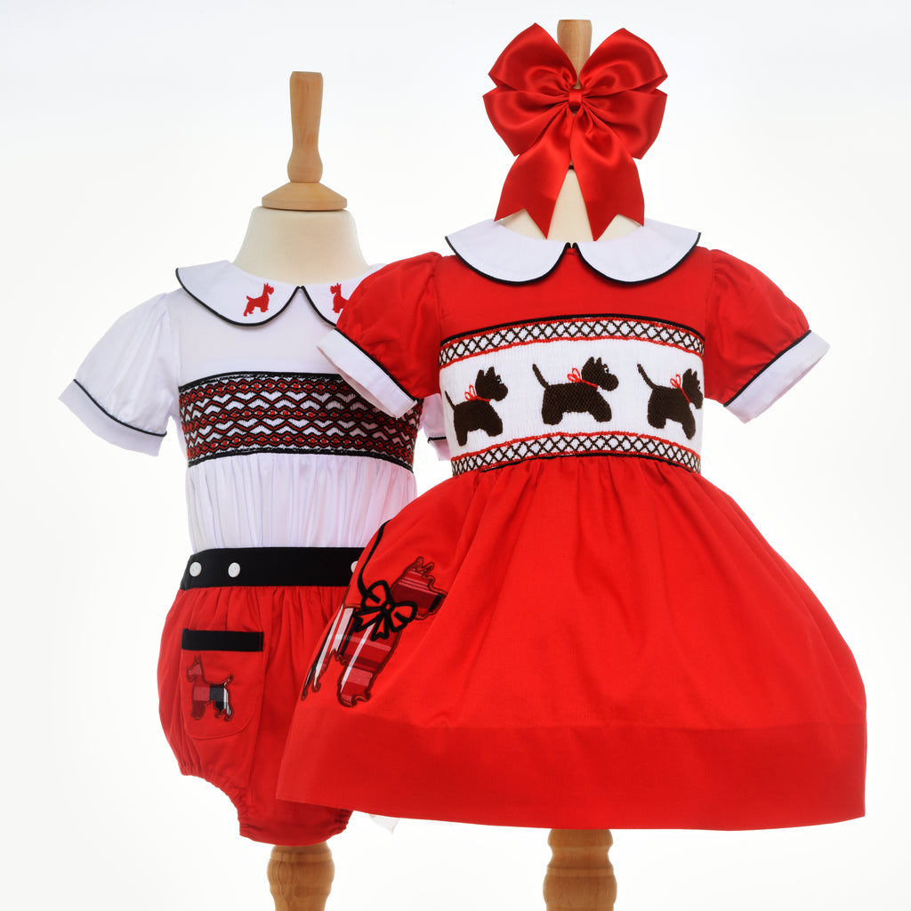 matching girls boys smocked red scottie dog outfits