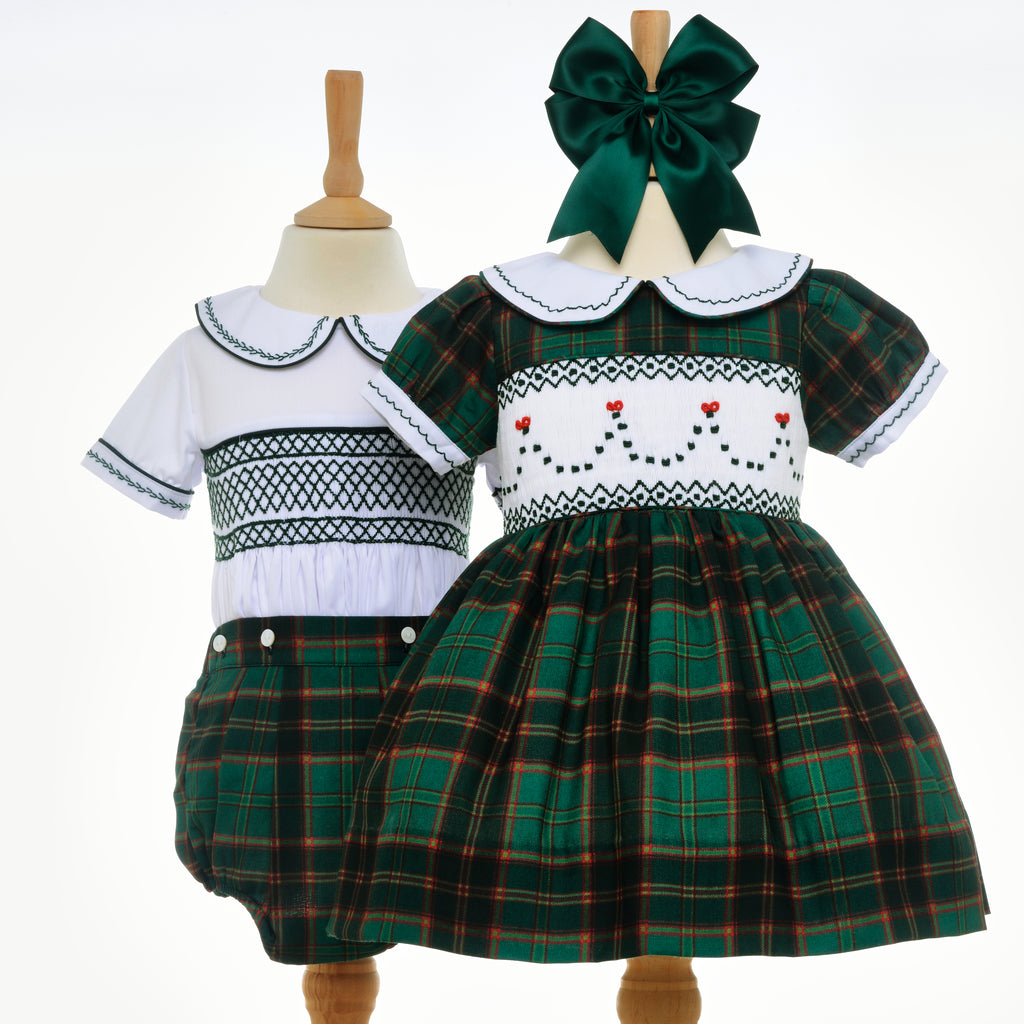 matching girls boys green tartan smocked outfits