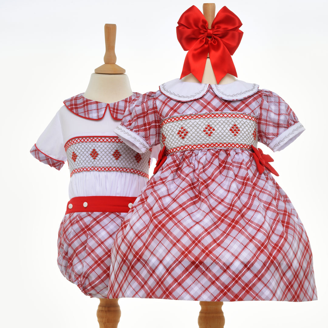 girls boys matching red and grey smocked outfits