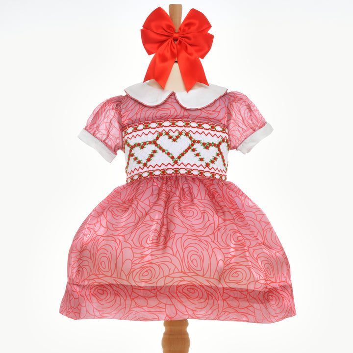 girls smocked red rose organza dress