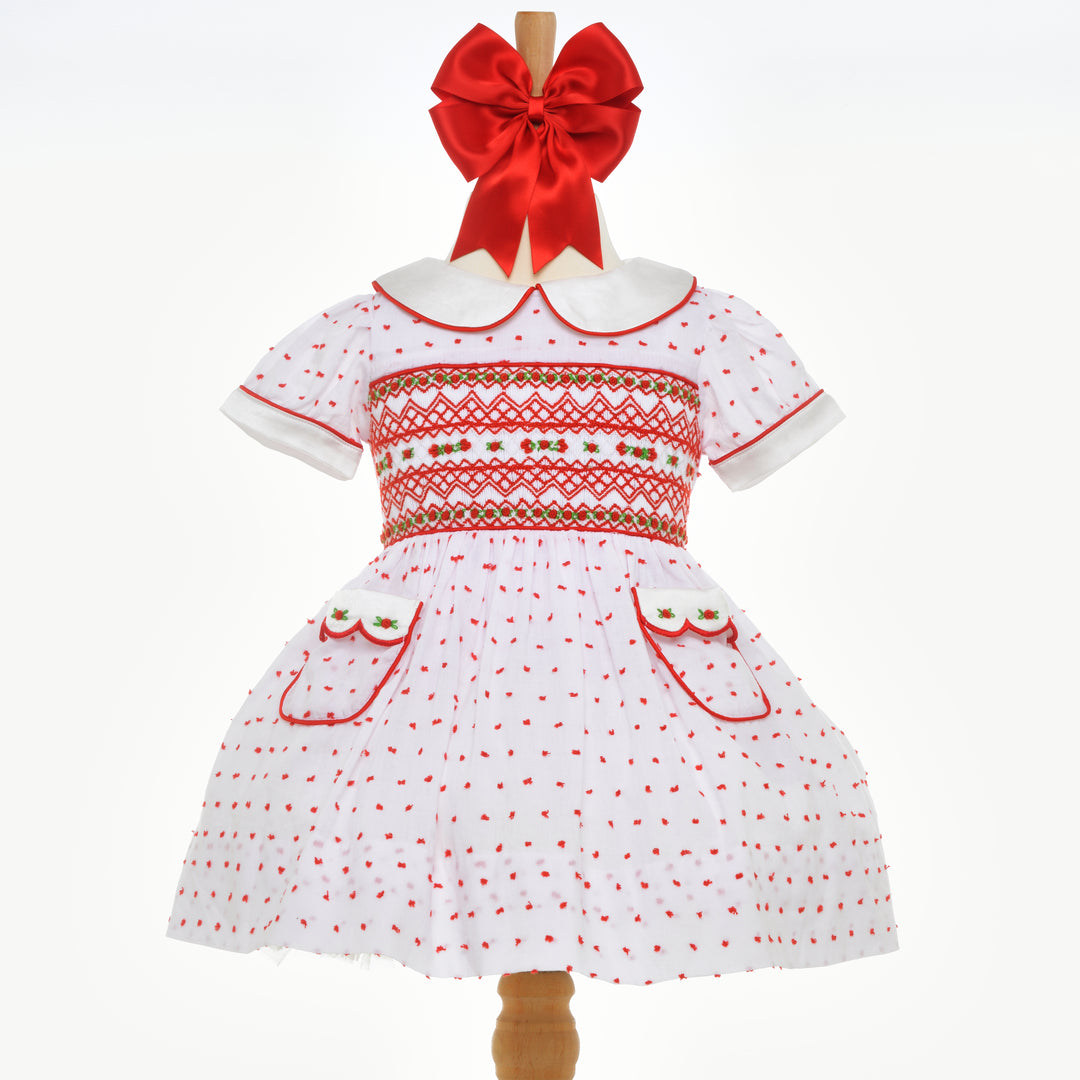 girls red swiss dot smocked dress