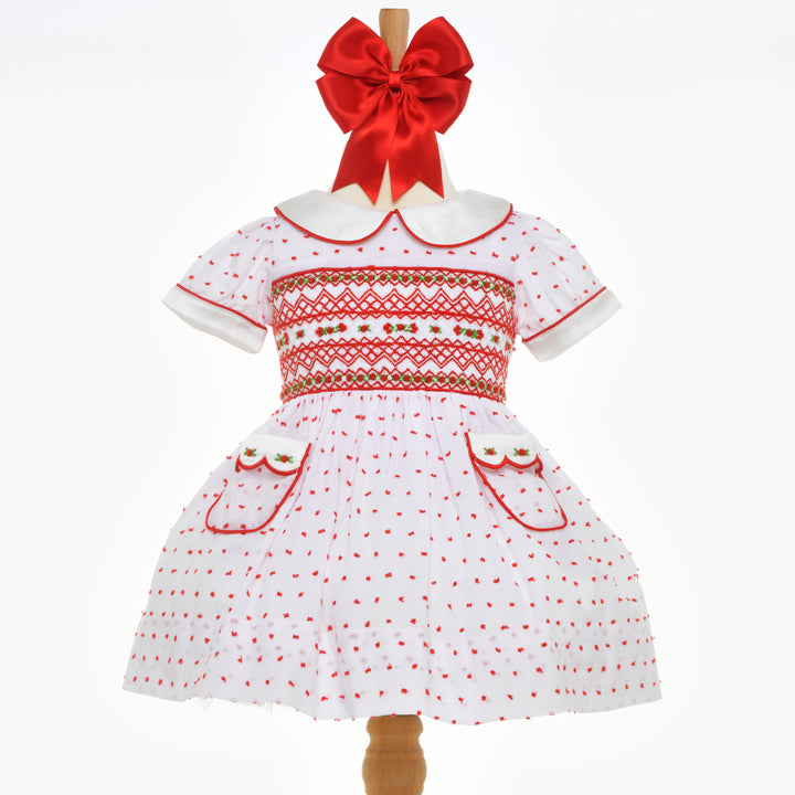 girls red swiss dot smocked dress