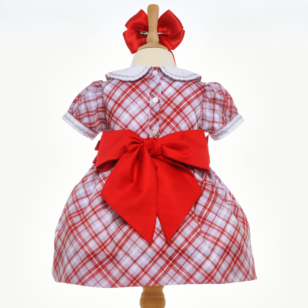 baby girls red and grey smocked tartan dress