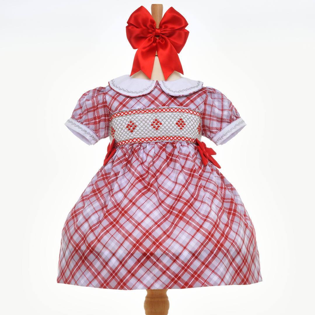 girls red and grey tartan smocked dress