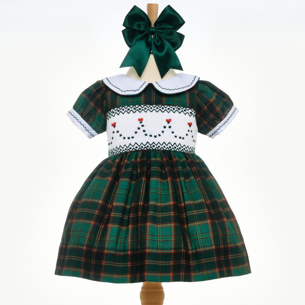 girls smocked green tartan dress