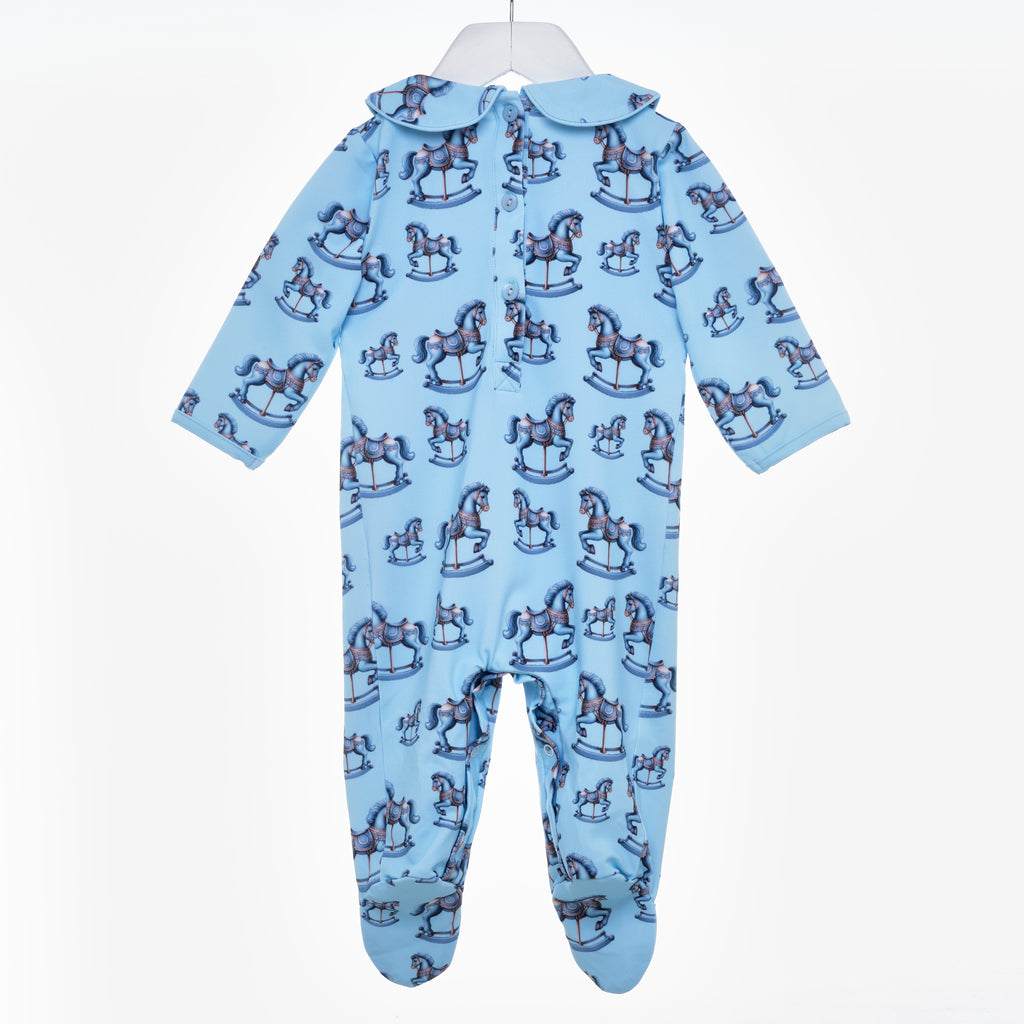 baby boys blue rocking horse sleepsuit and bib