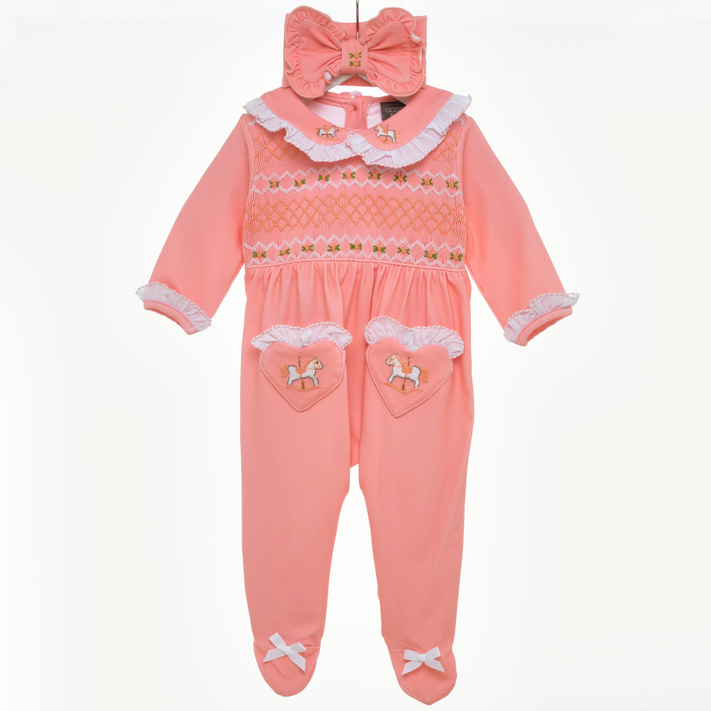 baby girls peach smocked carousel sleepsuit