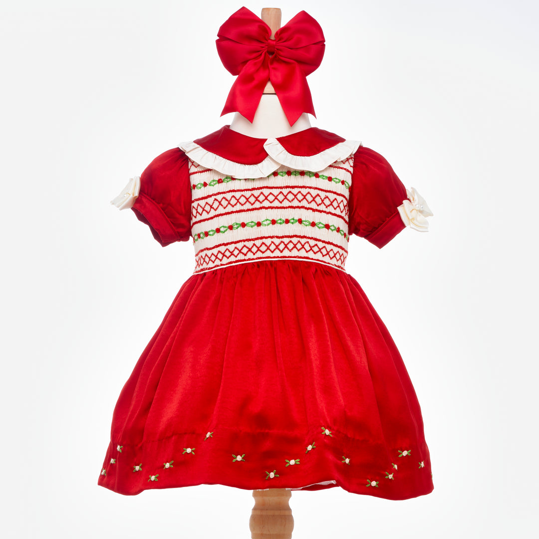 red smock dress Ocean Baby Girls Smocked Red & Cream Satin Petticoat Layered Dress (3M – Ocean Baby Limited