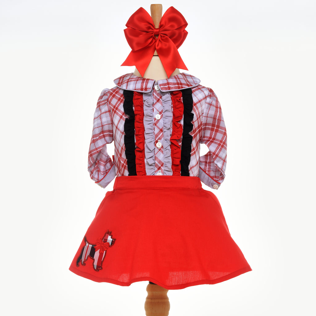 girls red grey tartan skirt set