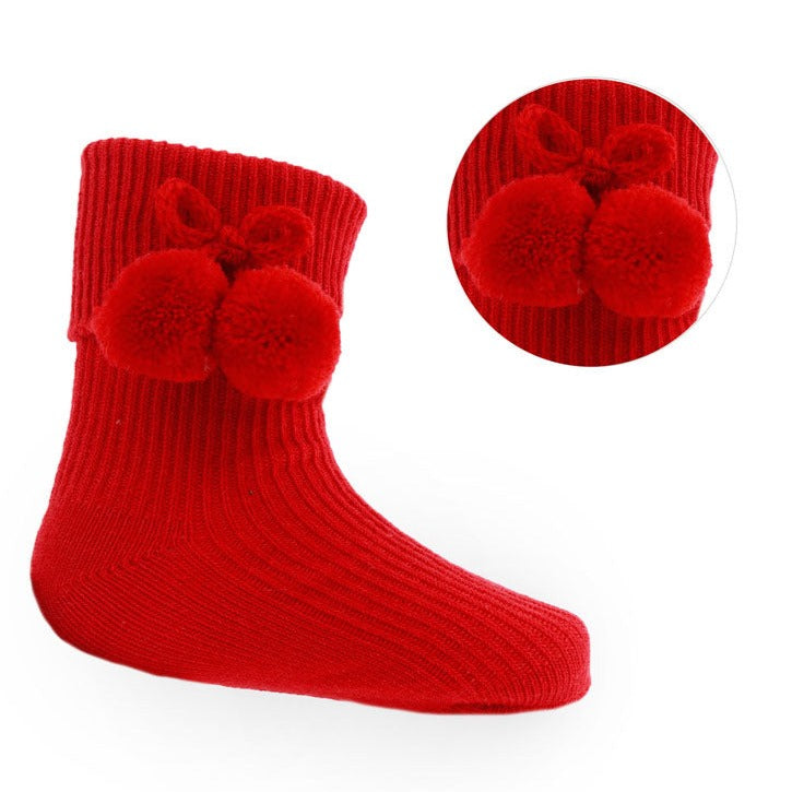 Red Ankle Pom Pom Socks (0-24M)